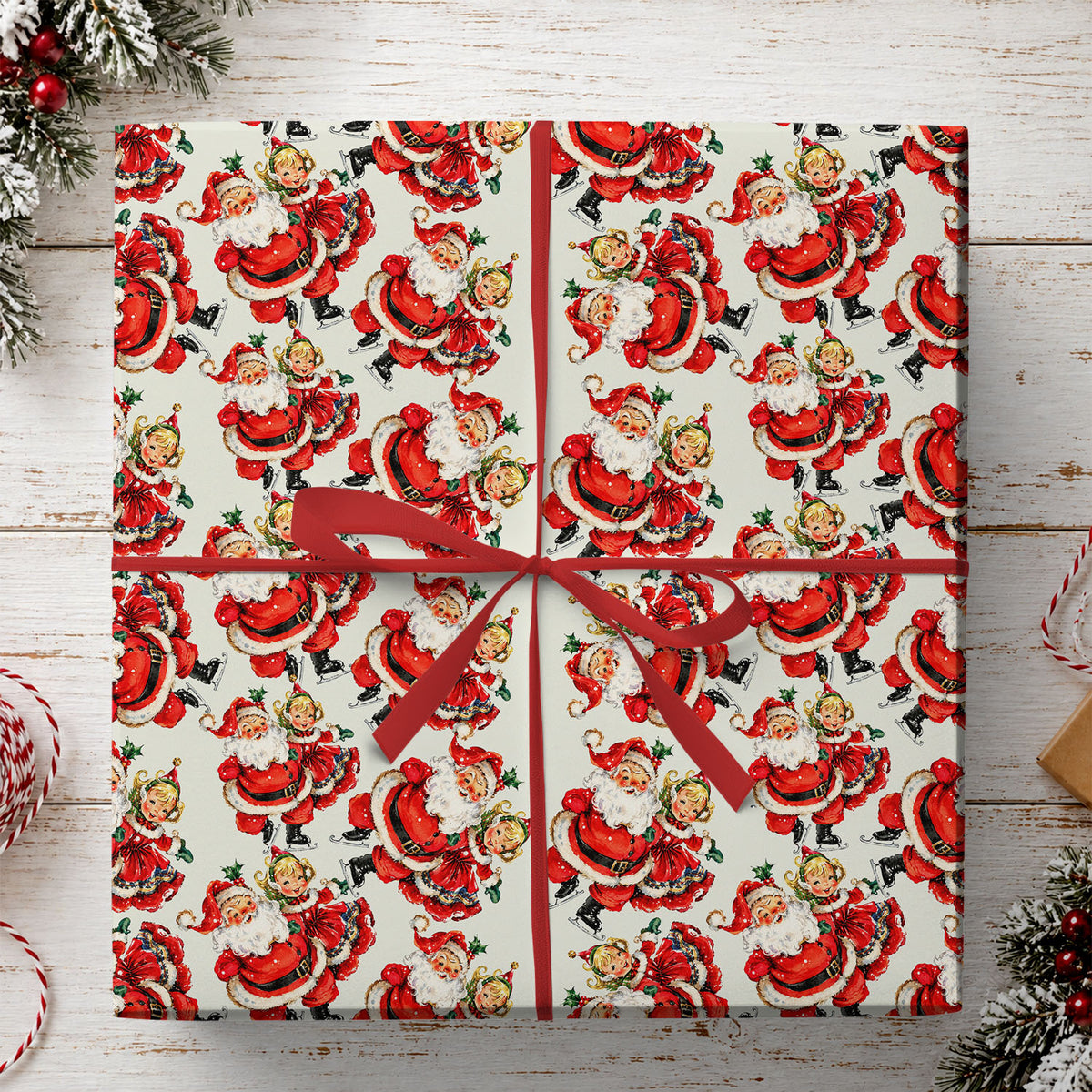 Vintage Santa Ice Skating Christmas Wrapping Paper, Nostalgic Old Fashioned Wrapping Paper Rolls, Xmas Gift Wrap For Iceskating Lover