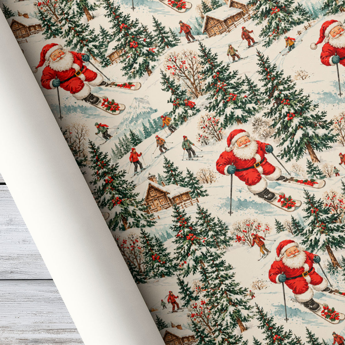 Vintage Christmas Skiing Wrapping Paper, Snowy Mountain Cabin And Pine Forest Pattern Wrapping Paper Rolls, Xmas Gift Wrap For Skiing Lover