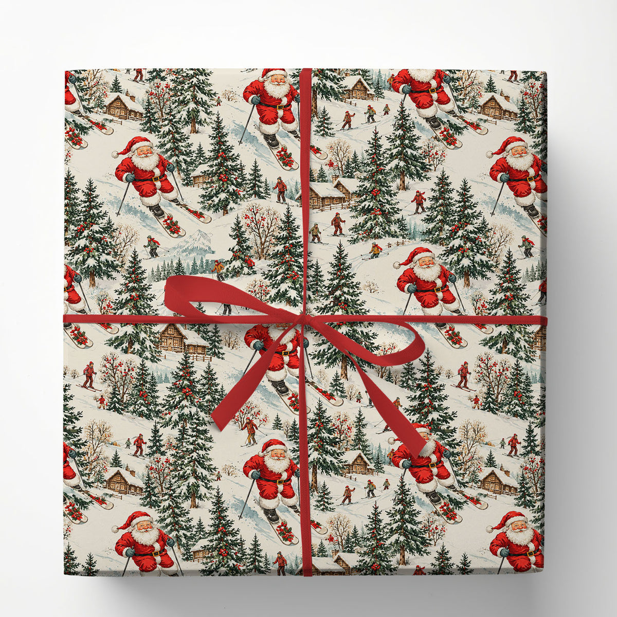 Vintage Christmas Skiing Wrapping Paper, Snowy Mountain Cabin And Pine Forest Pattern Wrapping Paper Rolls, Xmas Gift Wrap For Skiing Lover