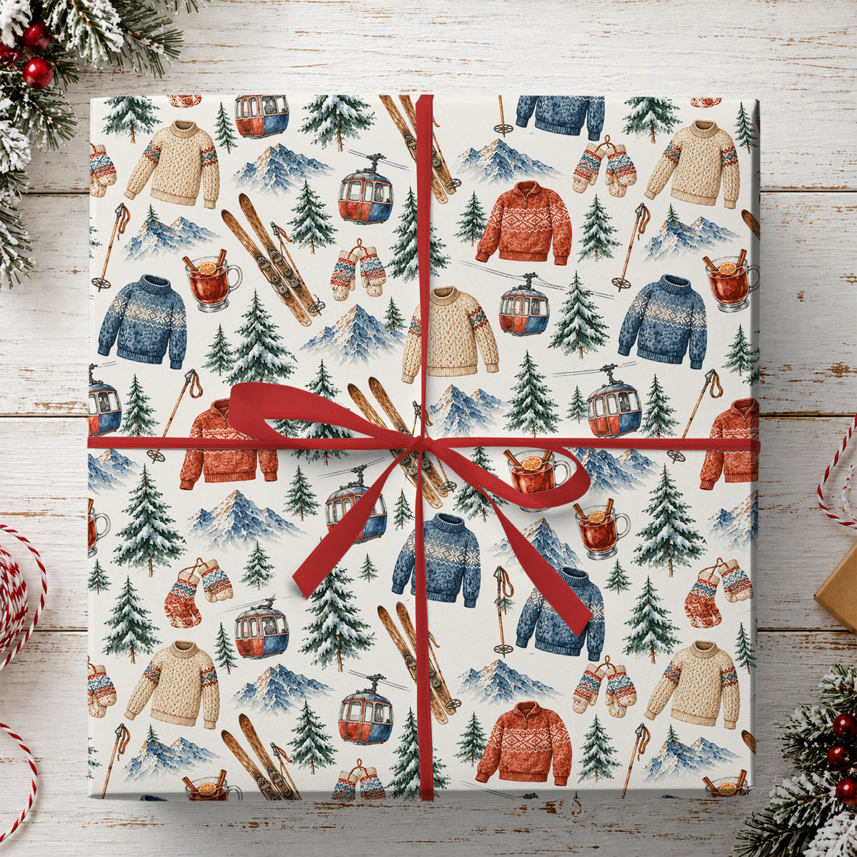 Vintage Skiing Wrapping Paper, Ski Gear And Snowy Mountains Pattern Wrapping Paper Rolls, Gift Wrap For Skiing Lover