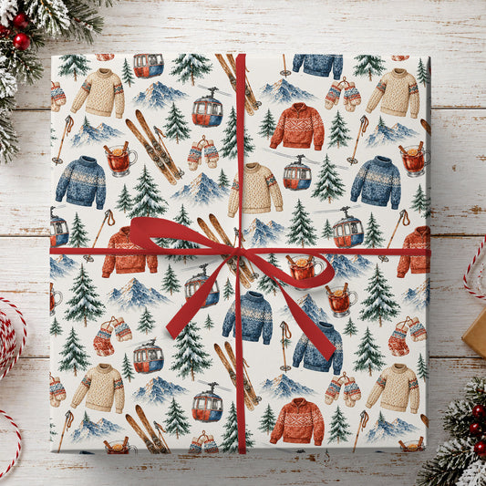 Vintage Skiing Wrapping Paper, Ski Gear And Snowy Mountains Pattern Wrapping Paper Rolls, Gift Wrap For Skiing Lover