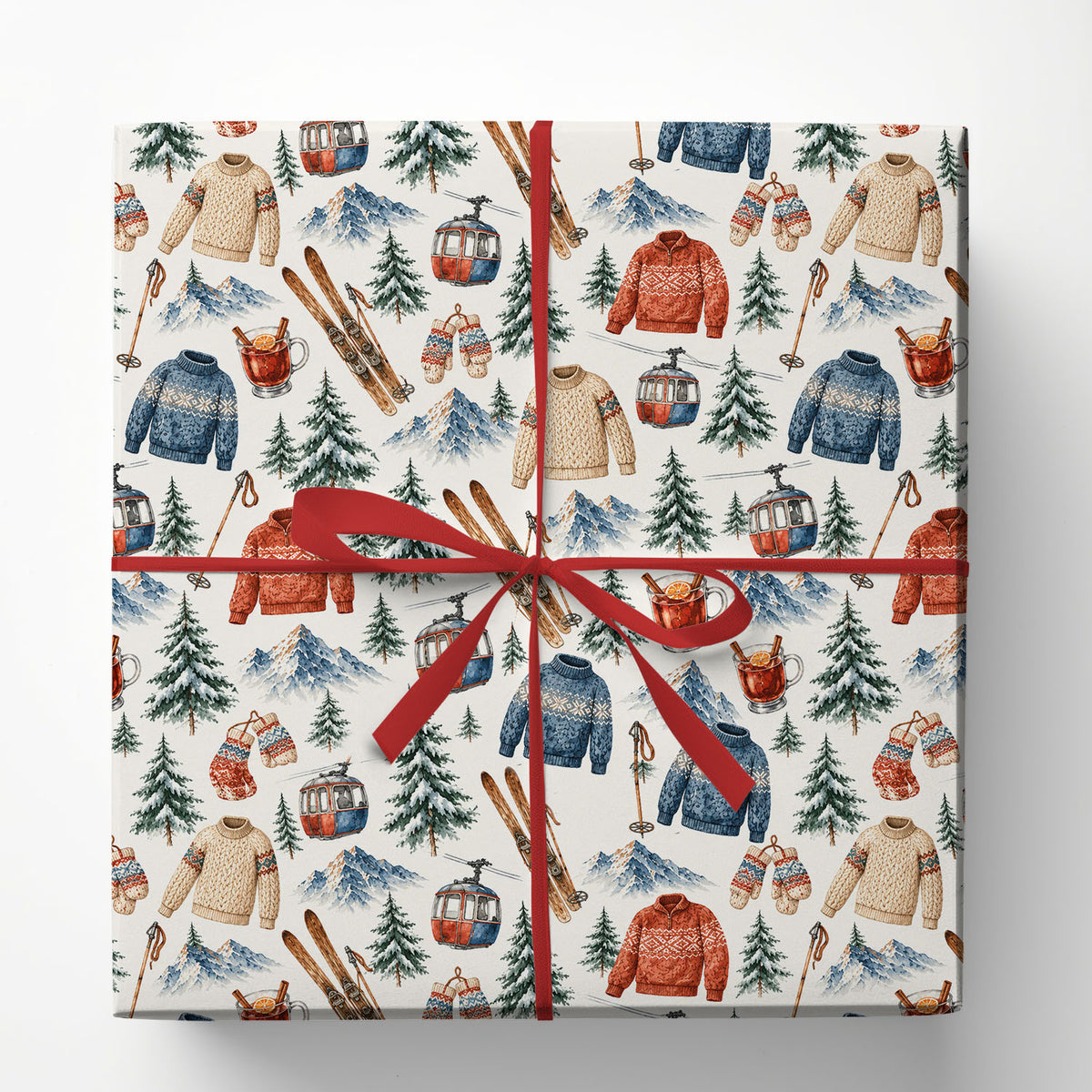 Vintage Skiing Wrapping Paper, Ski Gear And Snowy Mountains Pattern Wrapping Paper Rolls, Gift Wrap For Skiing Lover