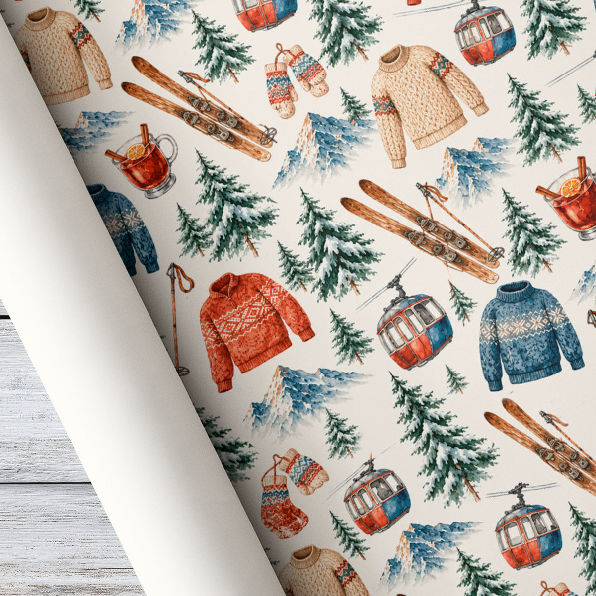 Vintage Skiing Wrapping Paper, Ski Gear And Snowy Mountains Pattern Wrapping Paper Rolls, Gift Wrap For Skiing Lover