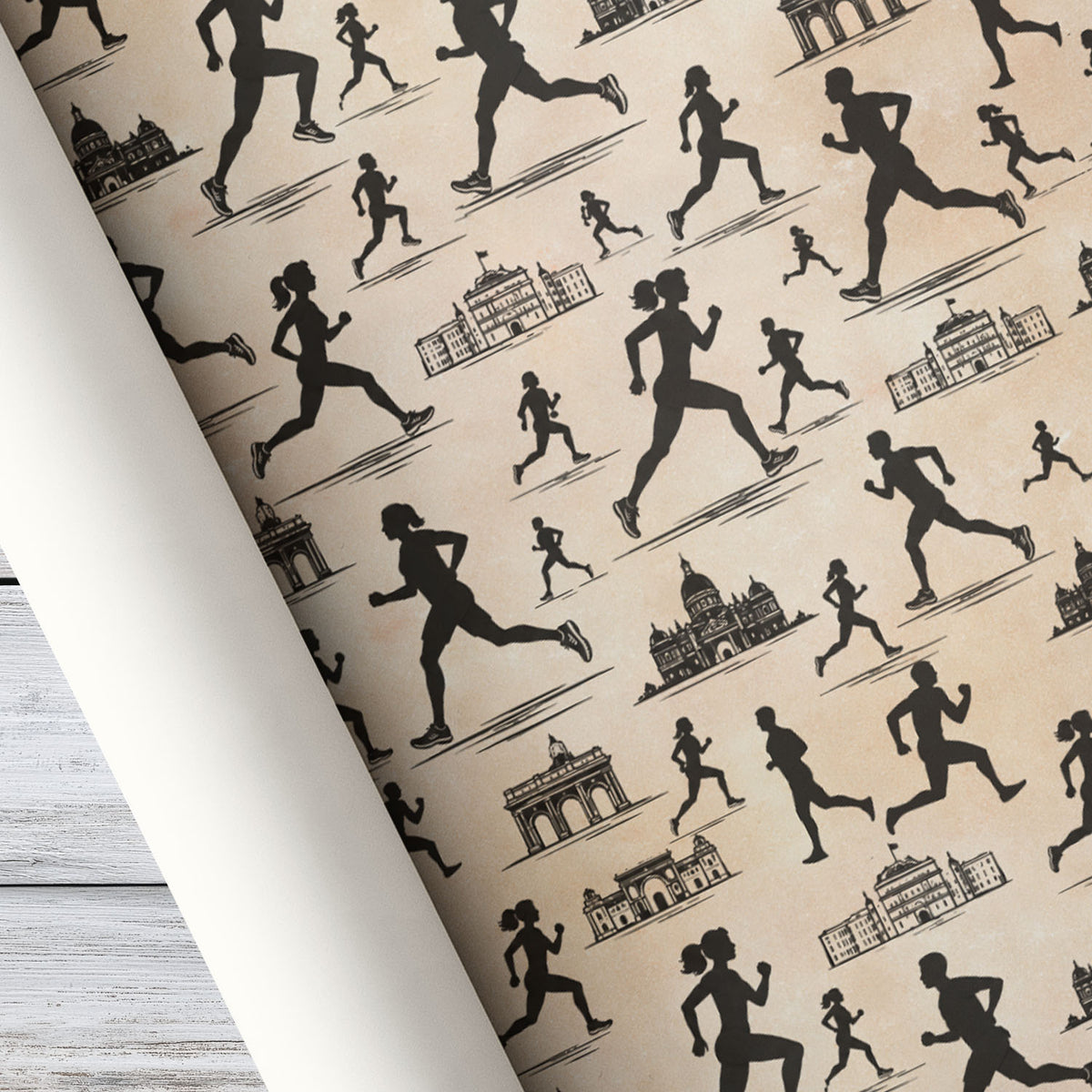 Vintage Running Wrapping Paper, Black Runner Silhouettes And City Landmarks Sport Wrapping Paper Rolls, Gift Wrap For Running Lover