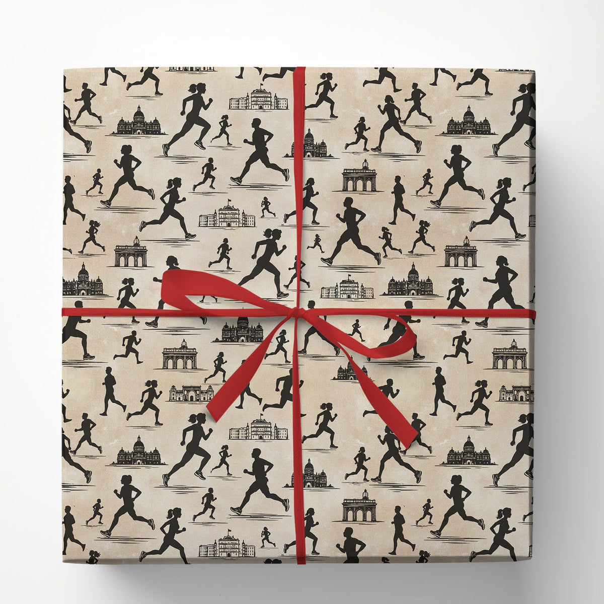 Vintage Running Wrapping Paper, Black Runner Silhouettes And City Landmarks Sport Wrapping Paper Rolls, Gift Wrap For Running Lover