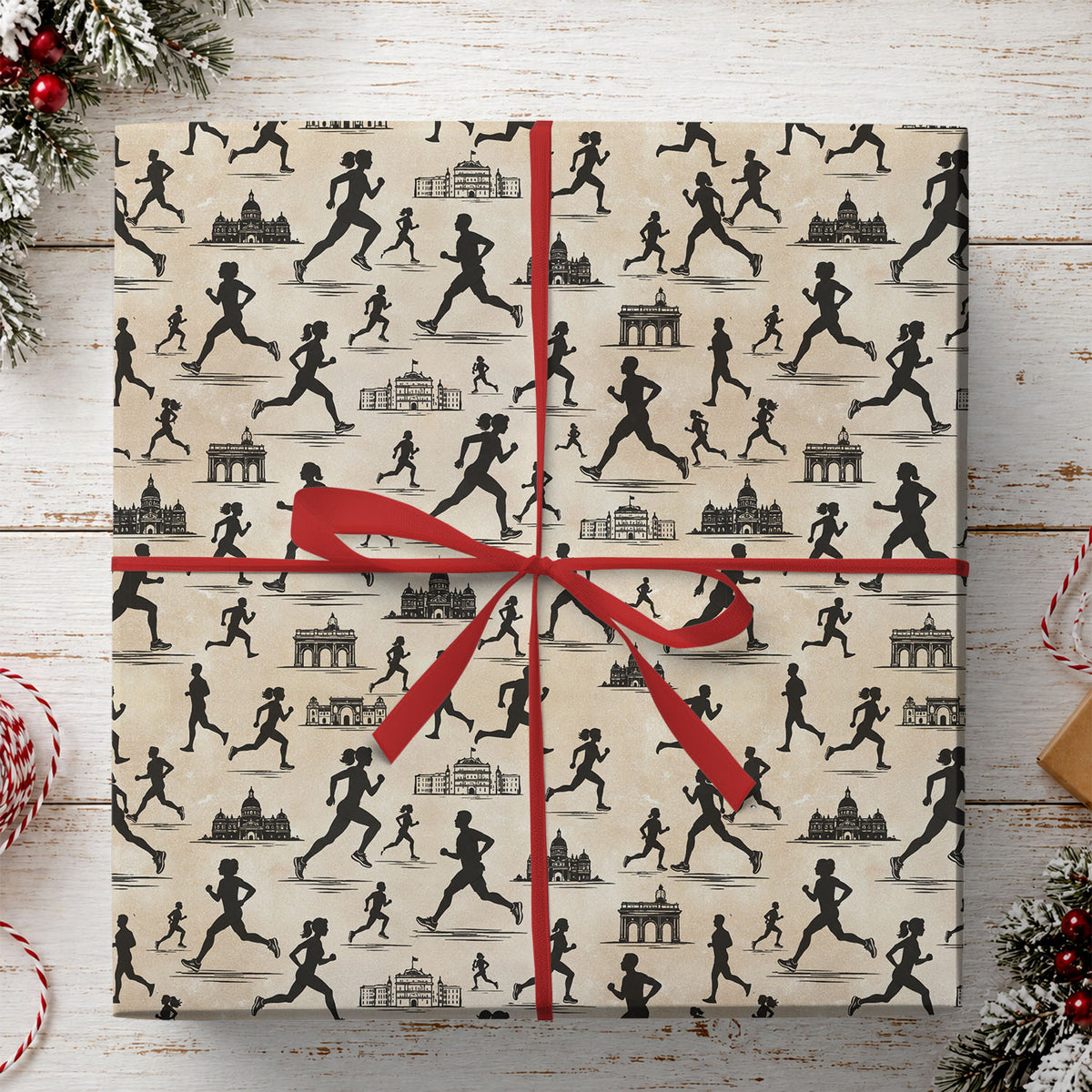 Vintage Running Wrapping Paper, Black Runner Silhouettes And City Landmarks Sport Wrapping Paper Rolls, Gift Wrap For Running Lover