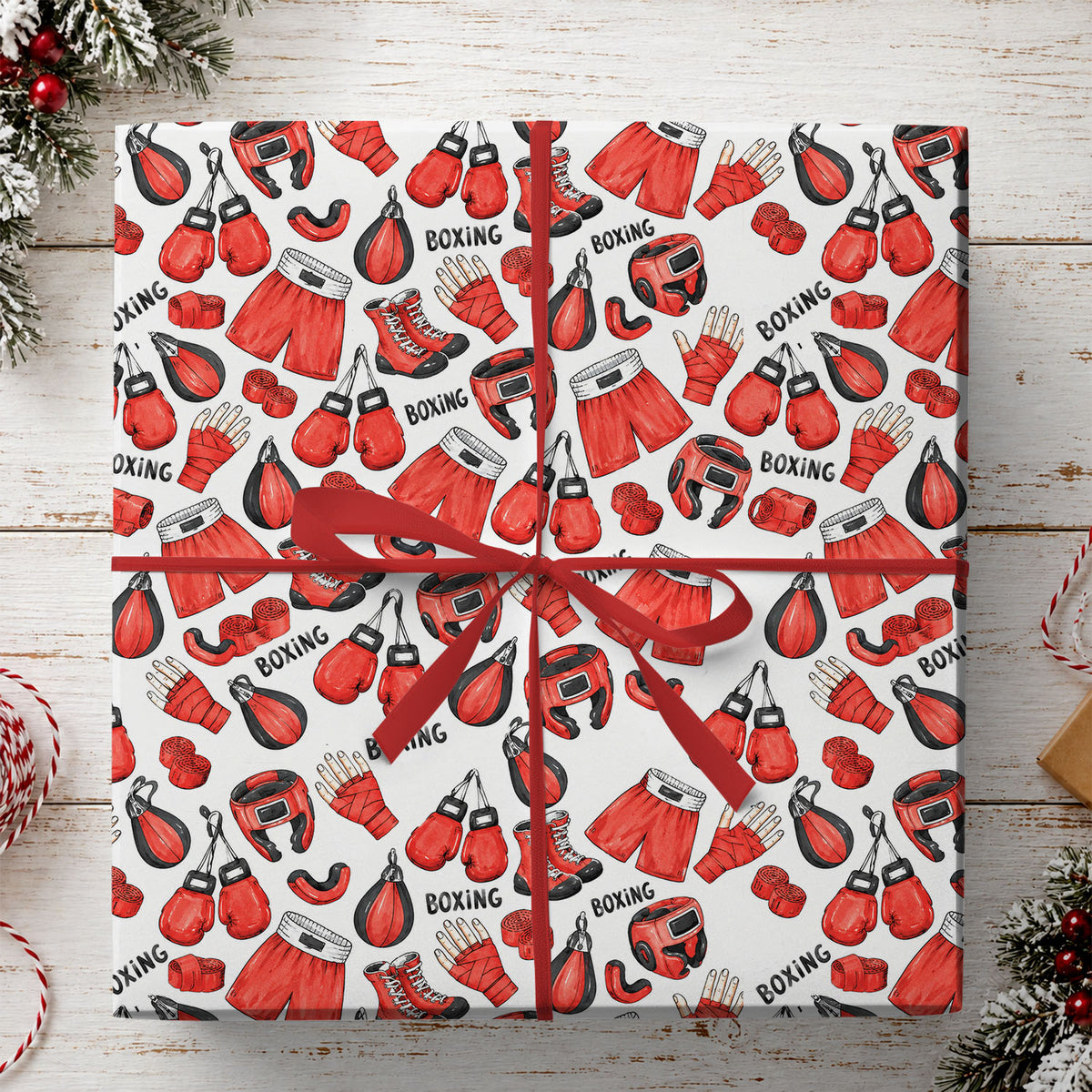Boxing Wrapping Paper, Red Boxing Gloves And Punching Bag Pattern Wrapping Paper Rolls, Gift Wrap For Boxers