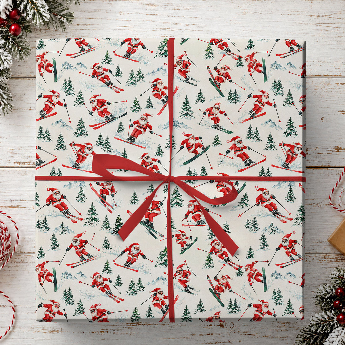 Vintage Christmas Skiing Wrapping Paper, Santa Claus Ski Pattern Wrapping Paper Rolls, Xmas Gift Wrap For Skiing Lover