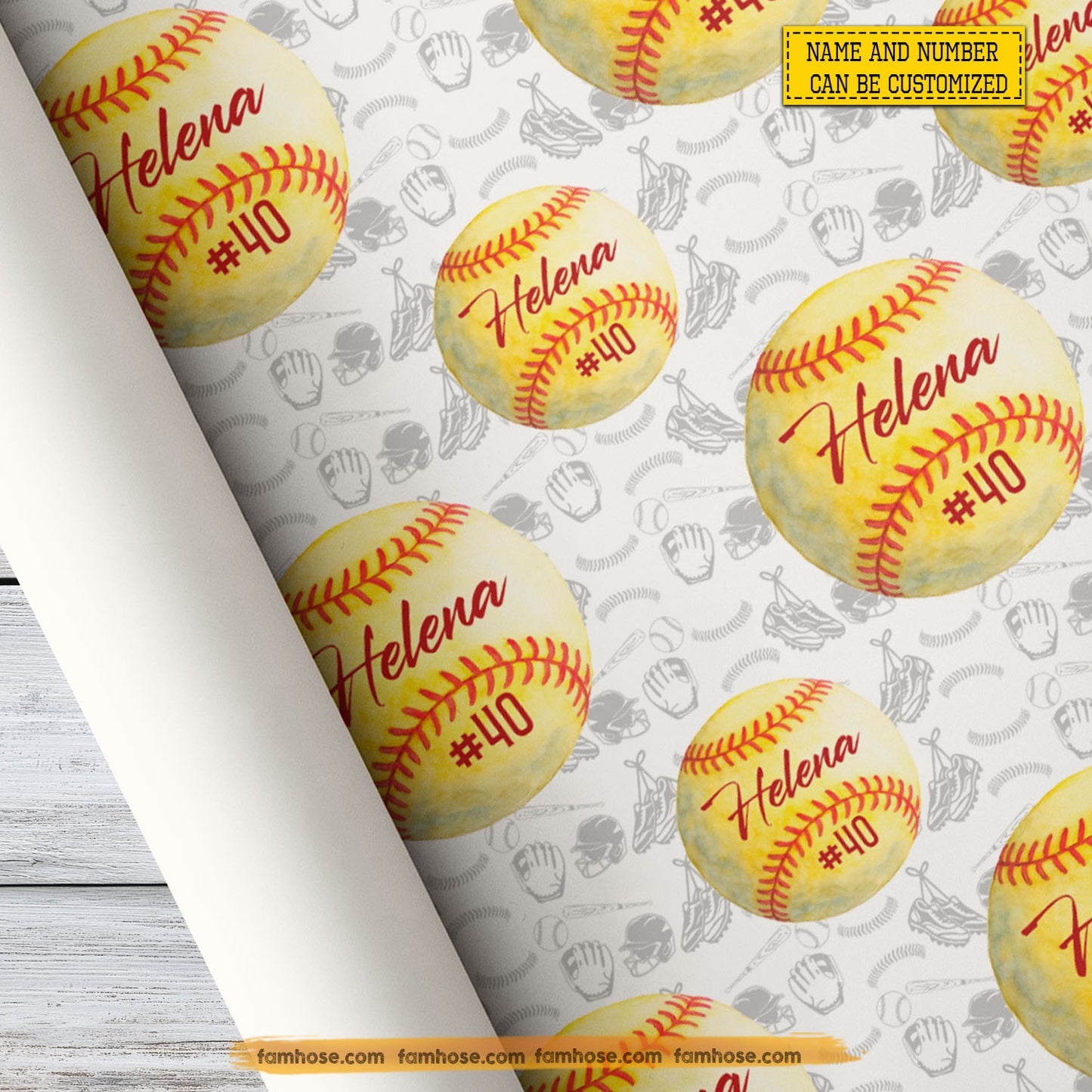 Personalized Christmas Softball Wrapping Paper, Softball In White Background Wrapping Paper Rolls, Xmas Gift Wrap For Softball Lover