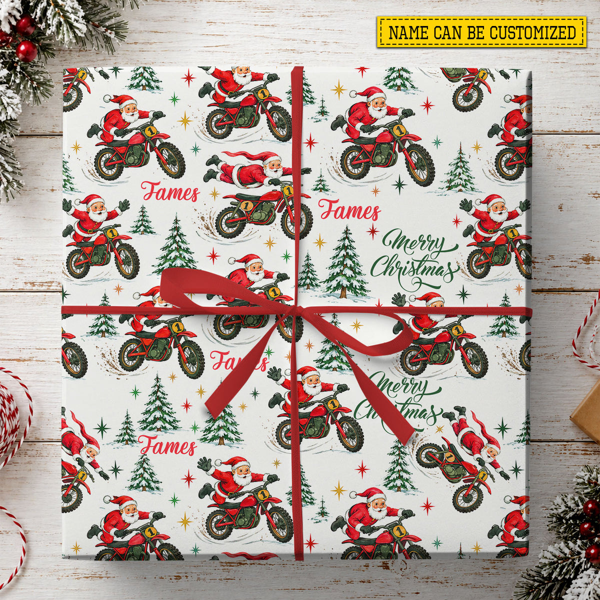 Personalized Christmas Motocross Wrapping Paper, Santa Claus Riding Dirt Bike Wrapping Paper Rolls, Xmas Gift Wrap For Dirt Bike Lover