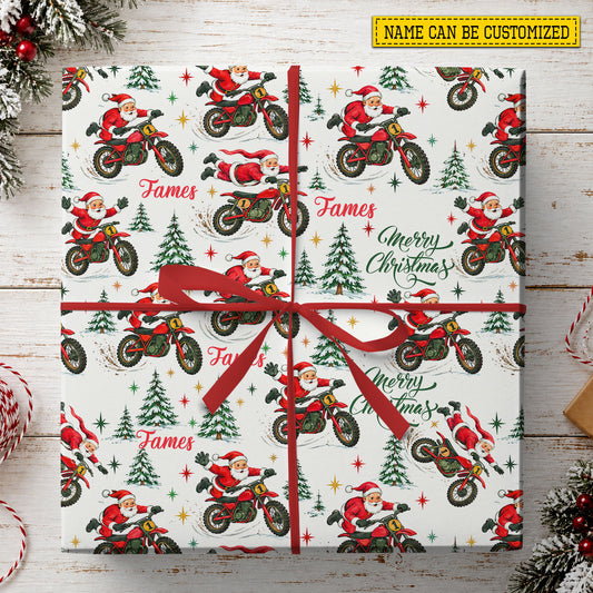 Personalized Christmas Motocross Wrapping Paper, Santa Claus Riding Dirt Bike Wrapping Paper Rolls, Xmas Gift Wrap For Dirt Bike Lover