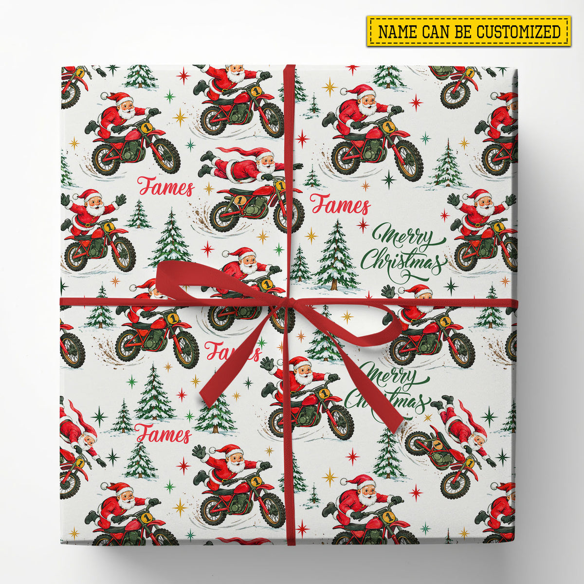 Personalized Christmas Motocross Wrapping Paper, Santa Claus Riding Dirt Bike Wrapping Paper Rolls, Xmas Gift Wrap For Dirt Bike Lover