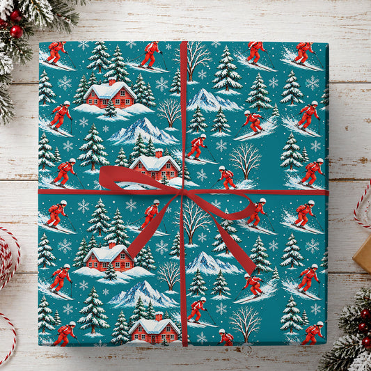 Vintage Skiing Wrapping Paper, Winter Ski Resort Pattern Wrapping Paper Rolls, Gift Wrap For Skiing Lover