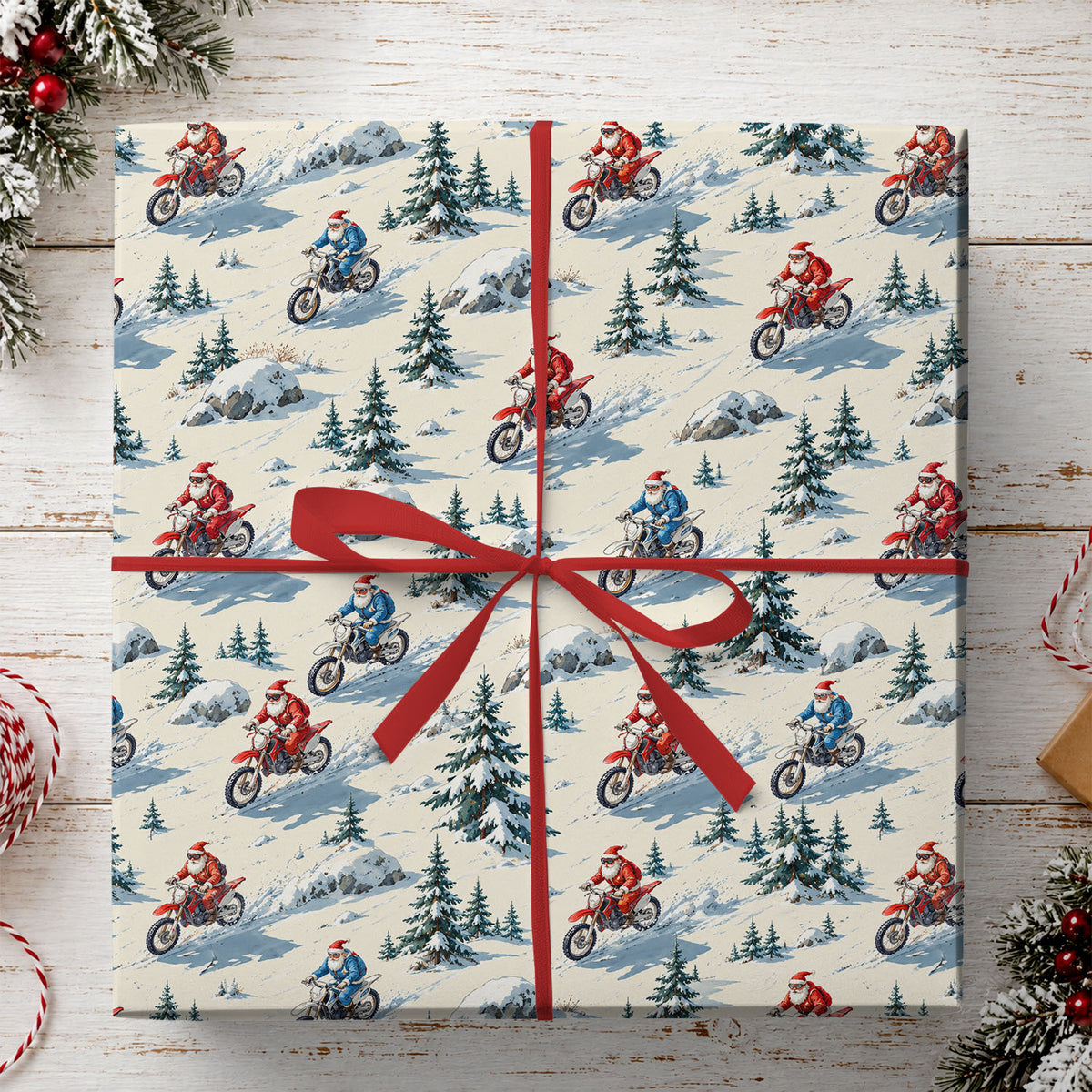 Vintage Christmas Motocross Wrapping Paper, Santa Riding Motocross Wrapping Paper Rolls, Xmas Gift Wrap For Dirt Bike Lover
