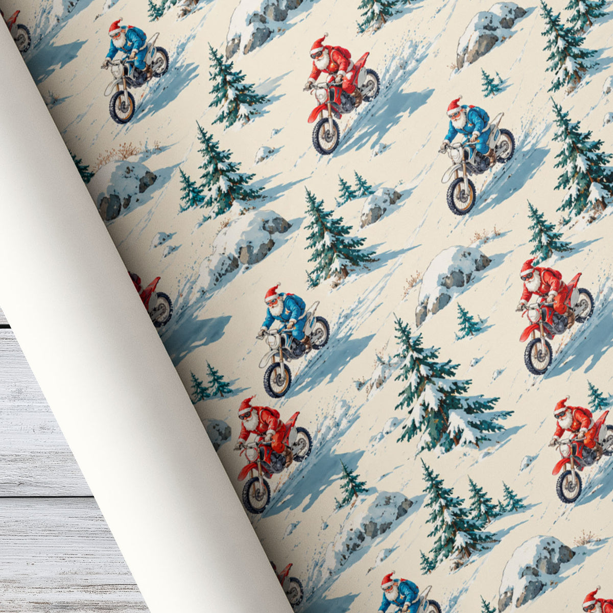 Vintage Christmas Motocross Wrapping Paper, Santa Riding Motocross Wrapping Paper Rolls, Xmas Gift Wrap For Dirt Bike Lover