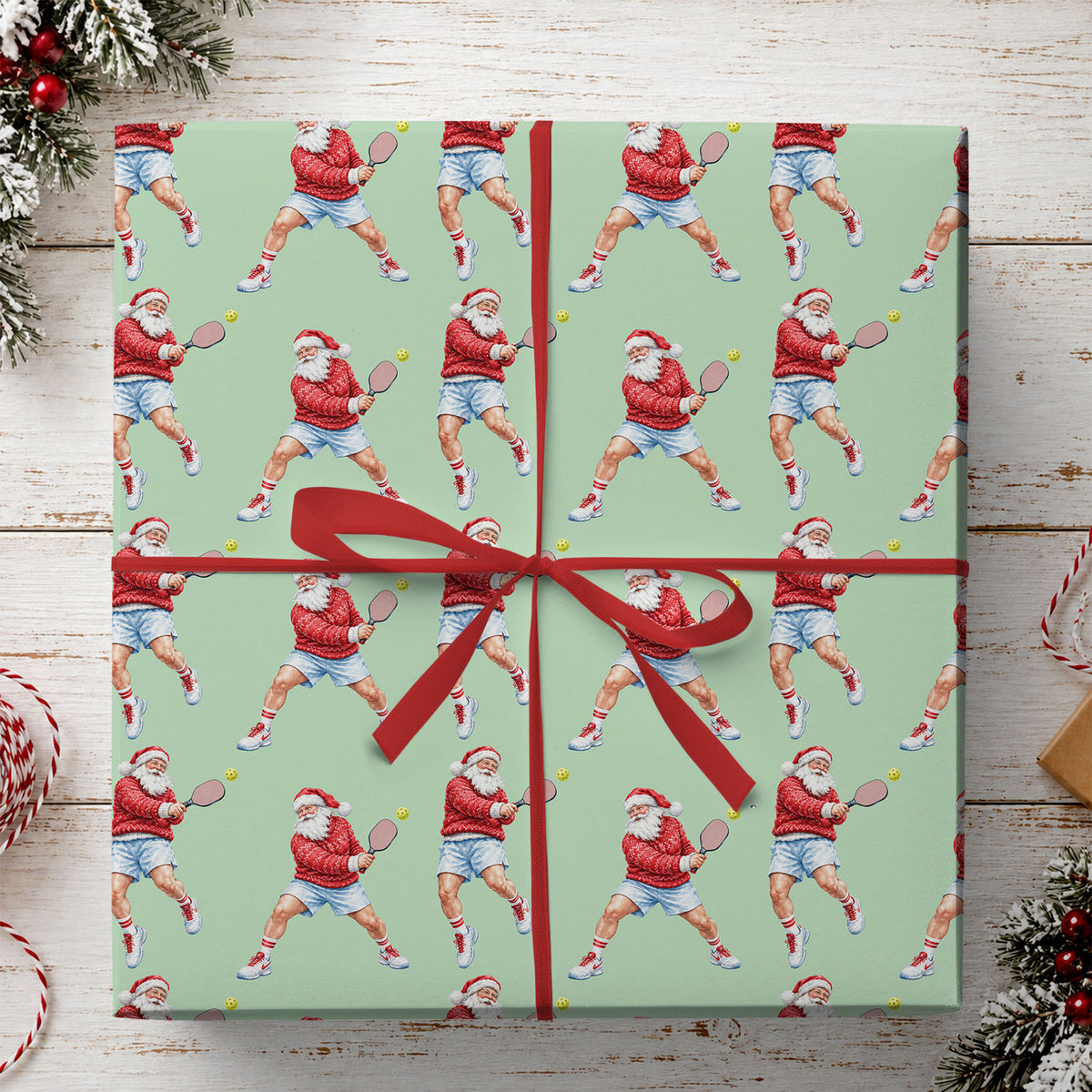 Christmas Santa Pickleball Wrapping Paper, Santa Playing Pickleball Wrapping Paper Rolls, Xmas Gift Wrap For Pickleball Lover