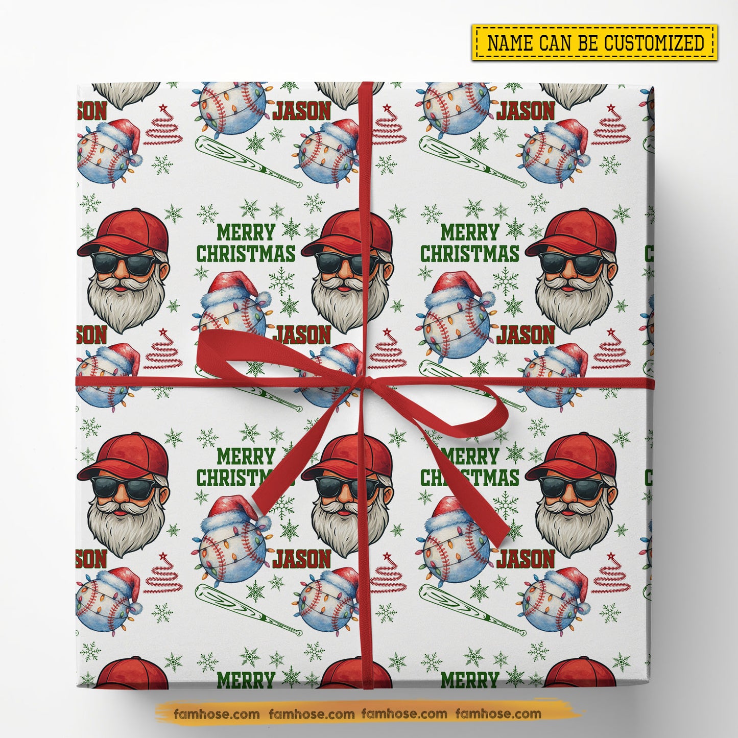 Personalized Christmas Baseball Wrapping Paper, Cool Santa And Baseball In White Background Wrapping Paper Rolls, Xmas Gift Wrap For Baseball Lover