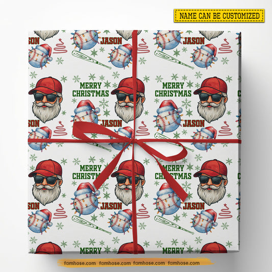 Personalized Christmas Baseball Wrapping Paper, Cool Santa And Baseball In White Background Wrapping Paper Rolls, Xmas Gift Wrap For Baseball Lover