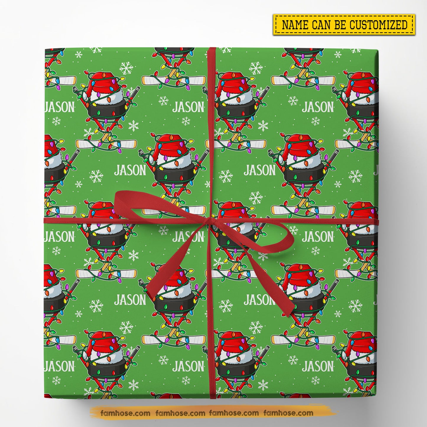 Personalized Christmas Hockey Wrapping Paper, Custom Sports In Light Green Background Wrapping Paper Rolls, Xmas Gift Wrap For Hockey Lover