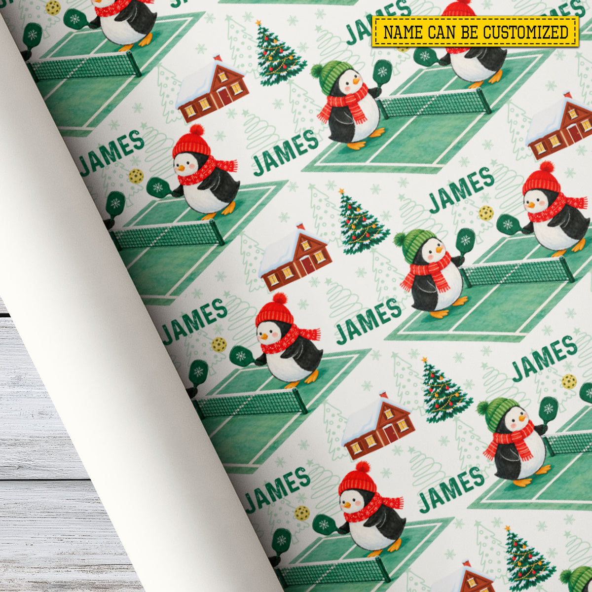 Personalized Christmas Pickleball Wrapping Paper, Penguins Playing Pickleball Wrapping Paper Rolls, Xmas Gift Wrap For Pickleball Lover