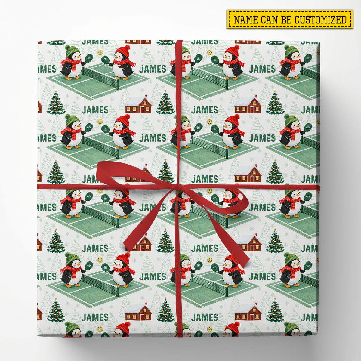 Personalized Christmas Pickleball Wrapping Paper, Penguins Playing Pickleball Wrapping Paper Rolls, Xmas Gift Wrap For Pickleball Lover