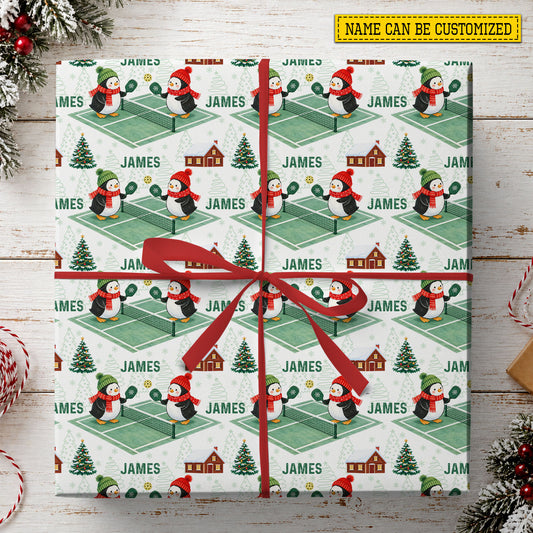 Personalized Christmas Pickleball Wrapping Paper, Penguins Playing Pickleball Wrapping Paper Rolls, Xmas Gift Wrap For Pickleball Lover