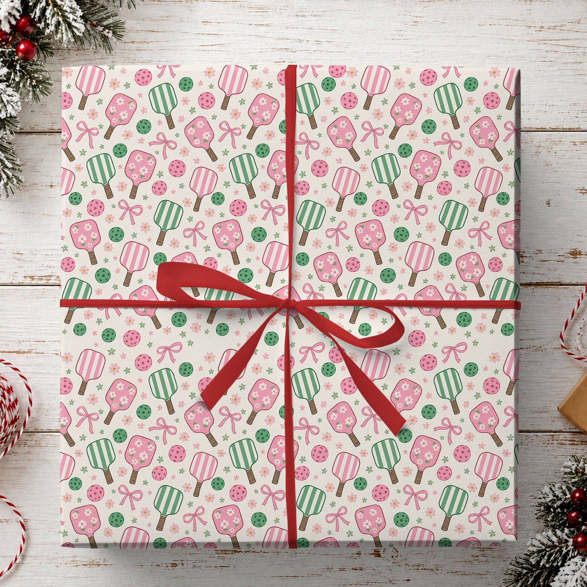Coquette Pickleball Wrapping Paper, Pink And Green Floral Paddles With Bows Sport Wrapping Paper Rolls, Gift Wrap For Pickleball Lover
