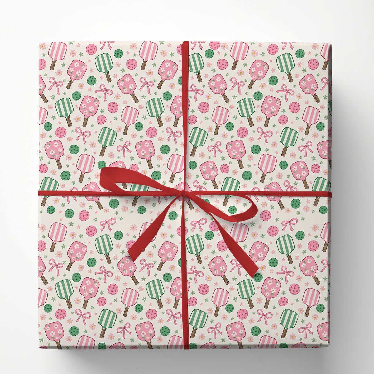 Coquette Pickleball Wrapping Paper, Pink And Green Floral Paddles With Bows Sport Wrapping Paper Rolls, Gift Wrap For Pickleball Lover