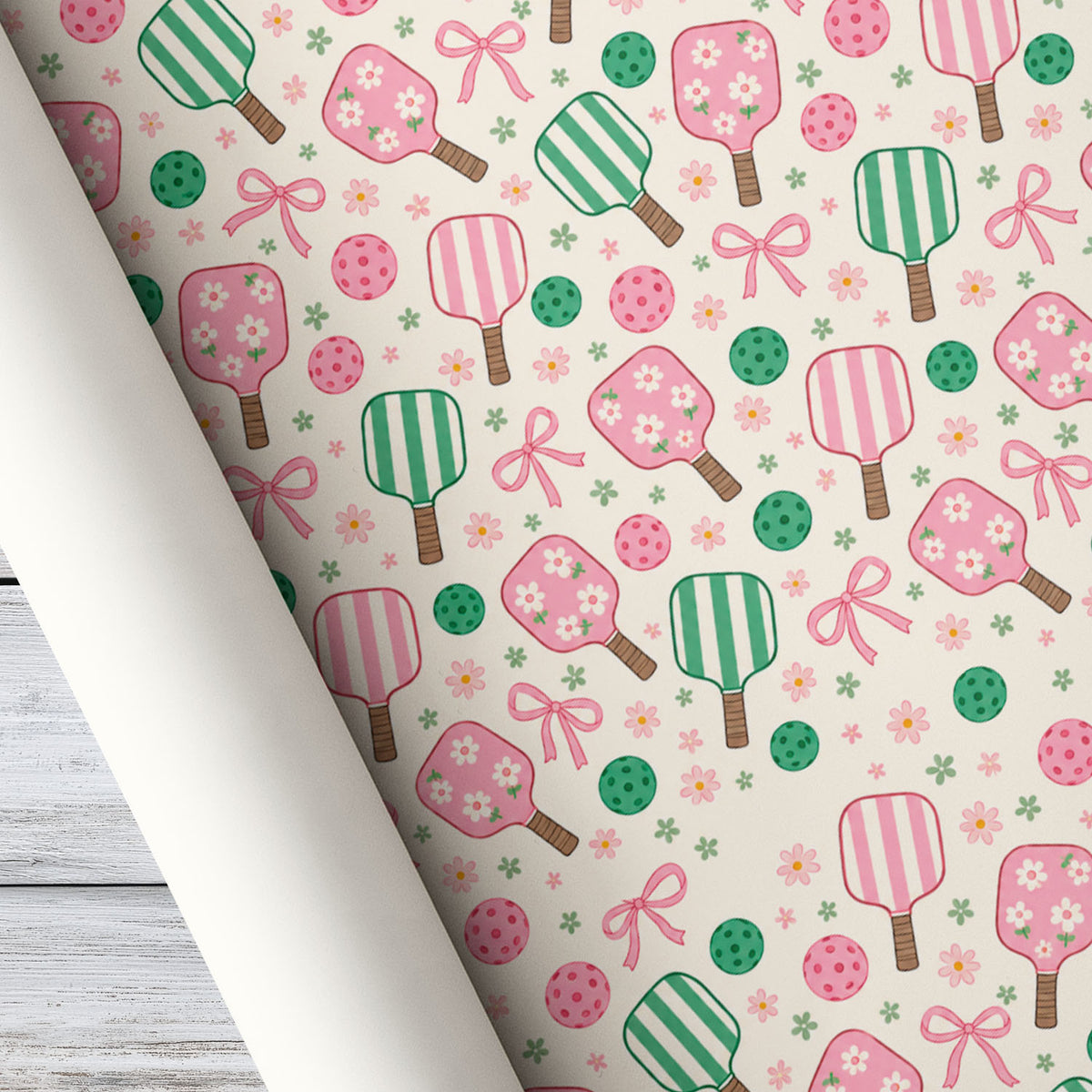 Coquette Pickleball Wrapping Paper, Pink And Green Floral Paddles With Bows Sport Wrapping Paper Rolls, Gift Wrap For Pickleball Lover