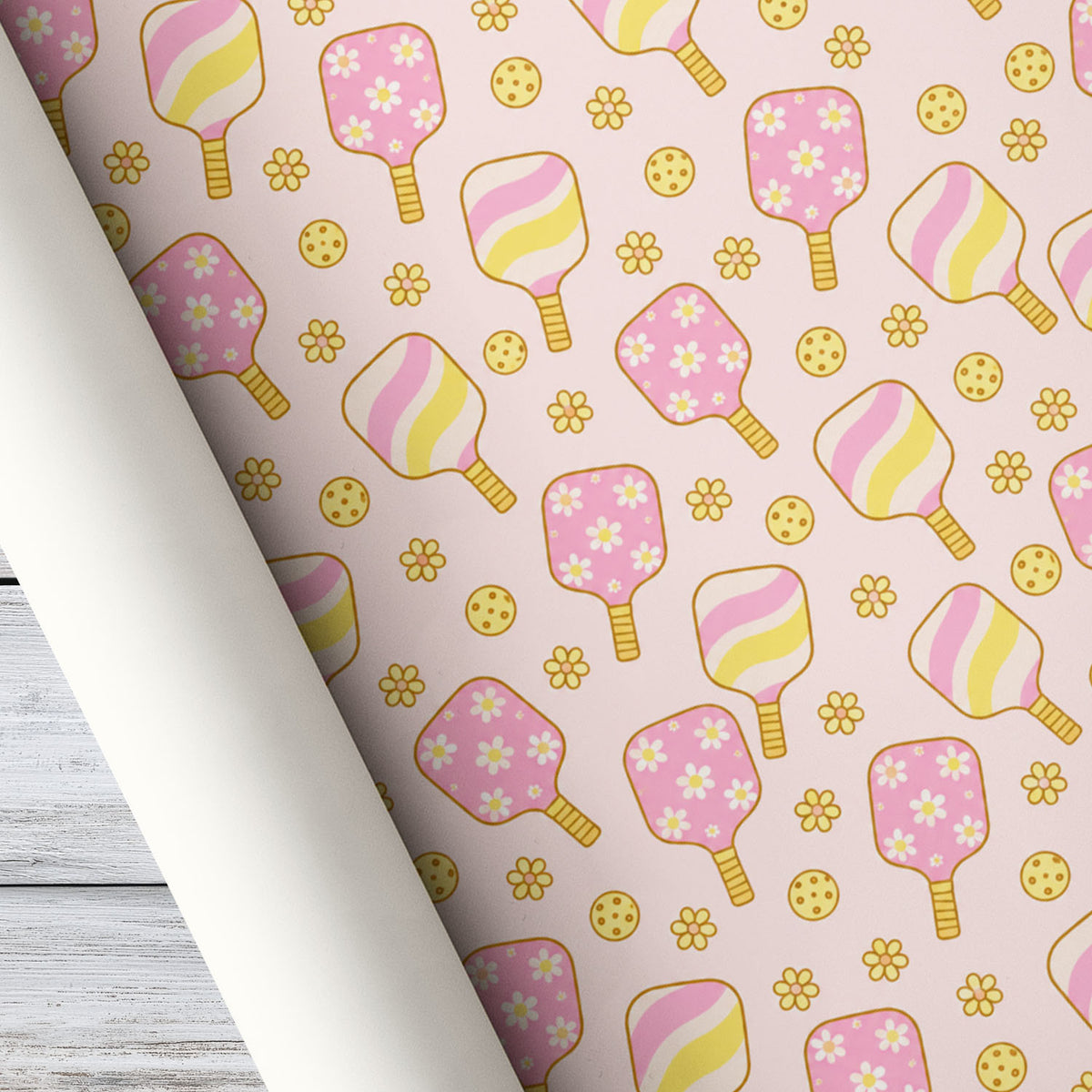 Pink Pickleball Wrapping Paper, Floral Paddles And Daisies Sport Wrapping Paper Rolls, Gift Wrap For Pickleball Lover