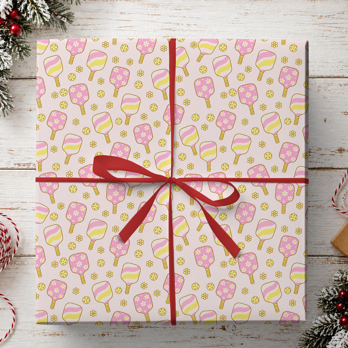 Pink Pickleball Wrapping Paper, Floral Paddles And Daisies Sport Wrapping Paper Rolls, Gift Wrap For Pickleball Lover