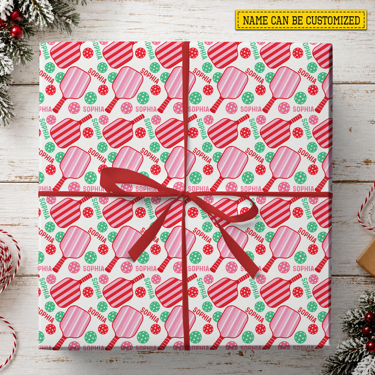 Personalized Pickleball Wrapping Paper, Pink And Red Striped Paddle Wrapping Paper Rolls, Gift Wrap For Pickleball Lover