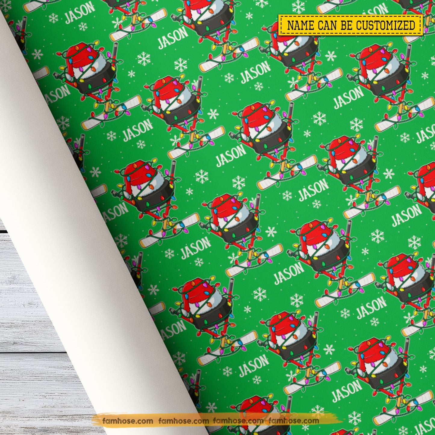 Personalized Christmas Hockey Wrapping Paper, Custom Sports In Light Green Background Wrapping Paper Rolls, Xmas Gift Wrap For Hockey Lover