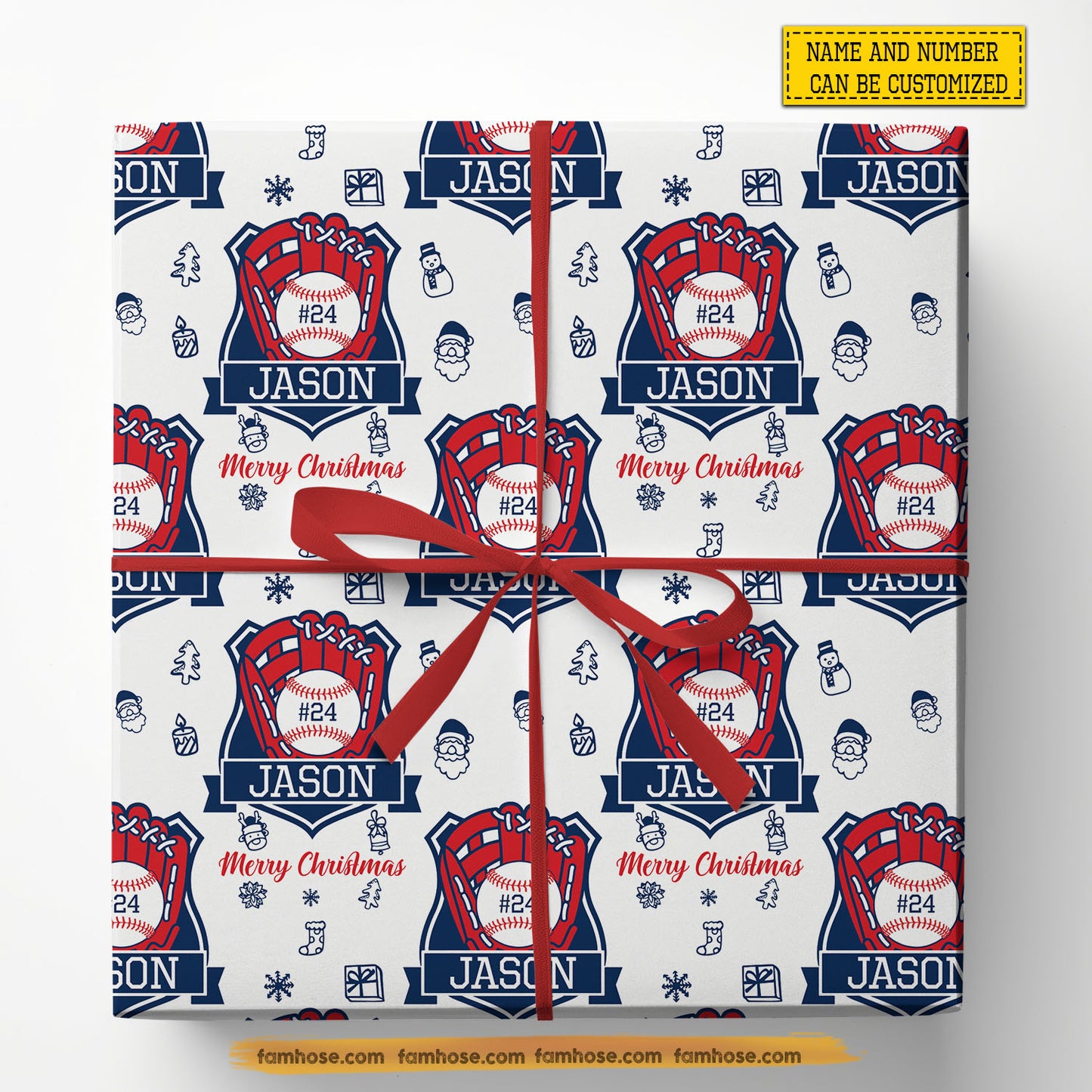 Personalized Christmas Baseball Wrapping Paper, Baseball Mitt With Logo In White Background Wrapping Paper Rolls, Xmas Gift Wrap For Baseball Lover