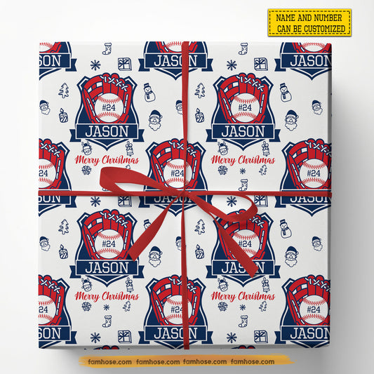 Personalized Christmas Baseball Wrapping Paper, Baseball Mitt With Logo In White Background Wrapping Paper Rolls, Xmas Gift Wrap For Baseball Lover