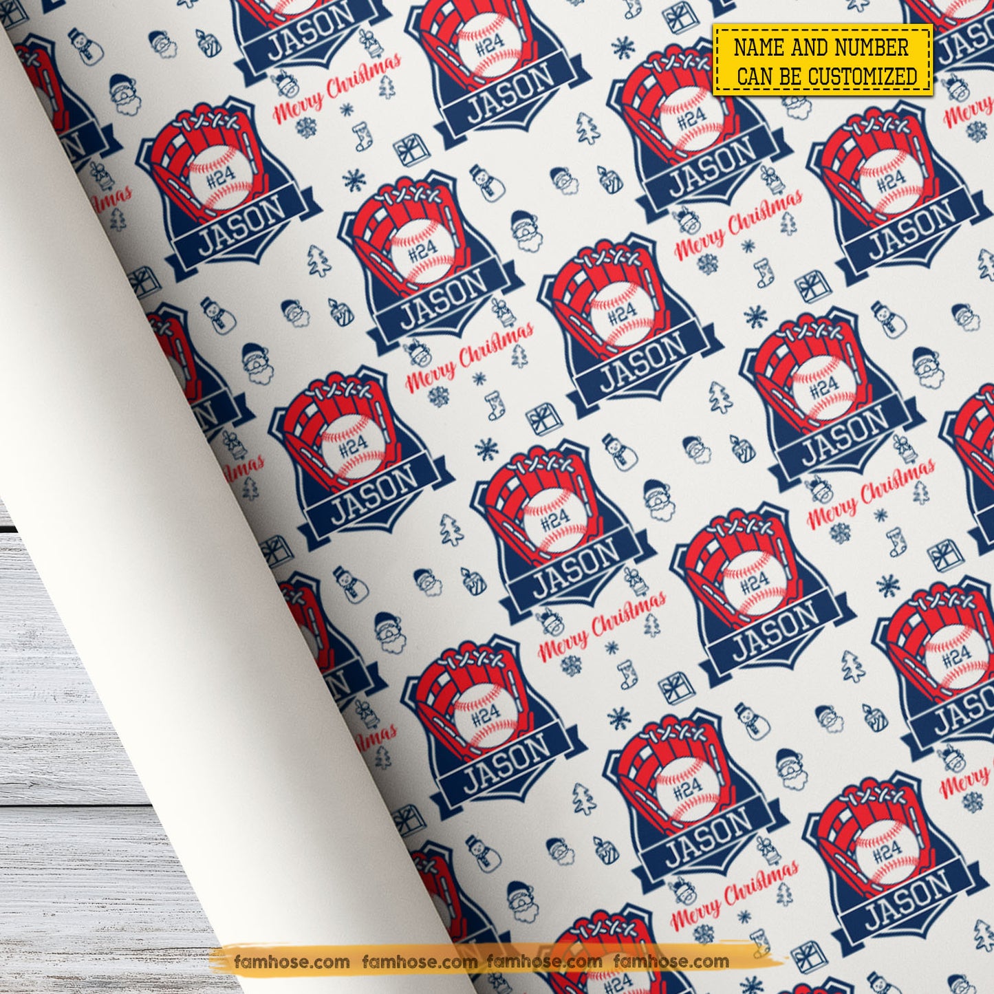 Personalized Christmas Baseball Wrapping Paper, Baseball Mitt With Logo In White Background Wrapping Paper Rolls, Xmas Gift Wrap For Baseball Lover