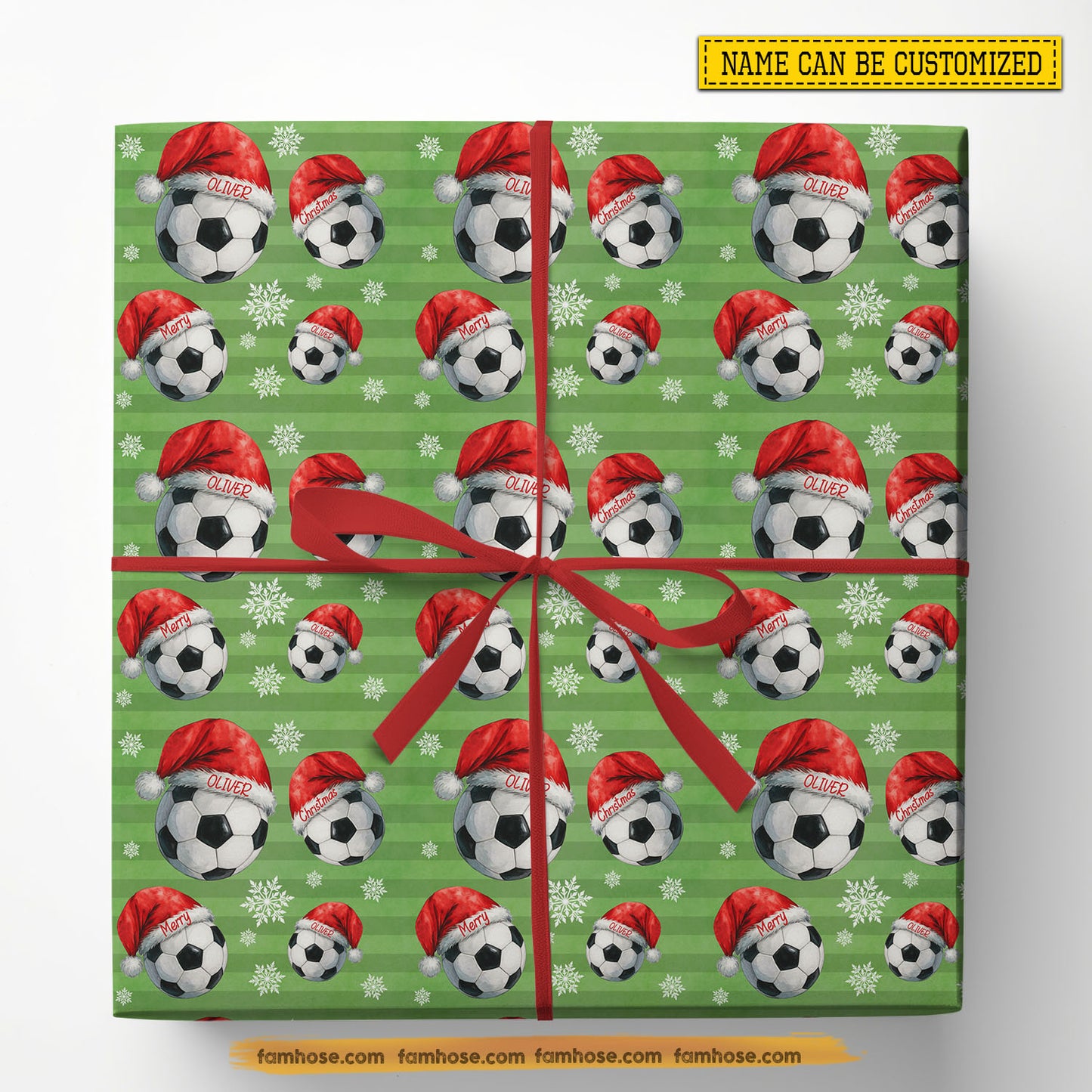 Personalized Christmas Soccer Wrapping Paper, Ball Wears Santa Hat In Light Green Background Wrapping Paper Rolls, Xmas Gift Wrap For Soccer Lover