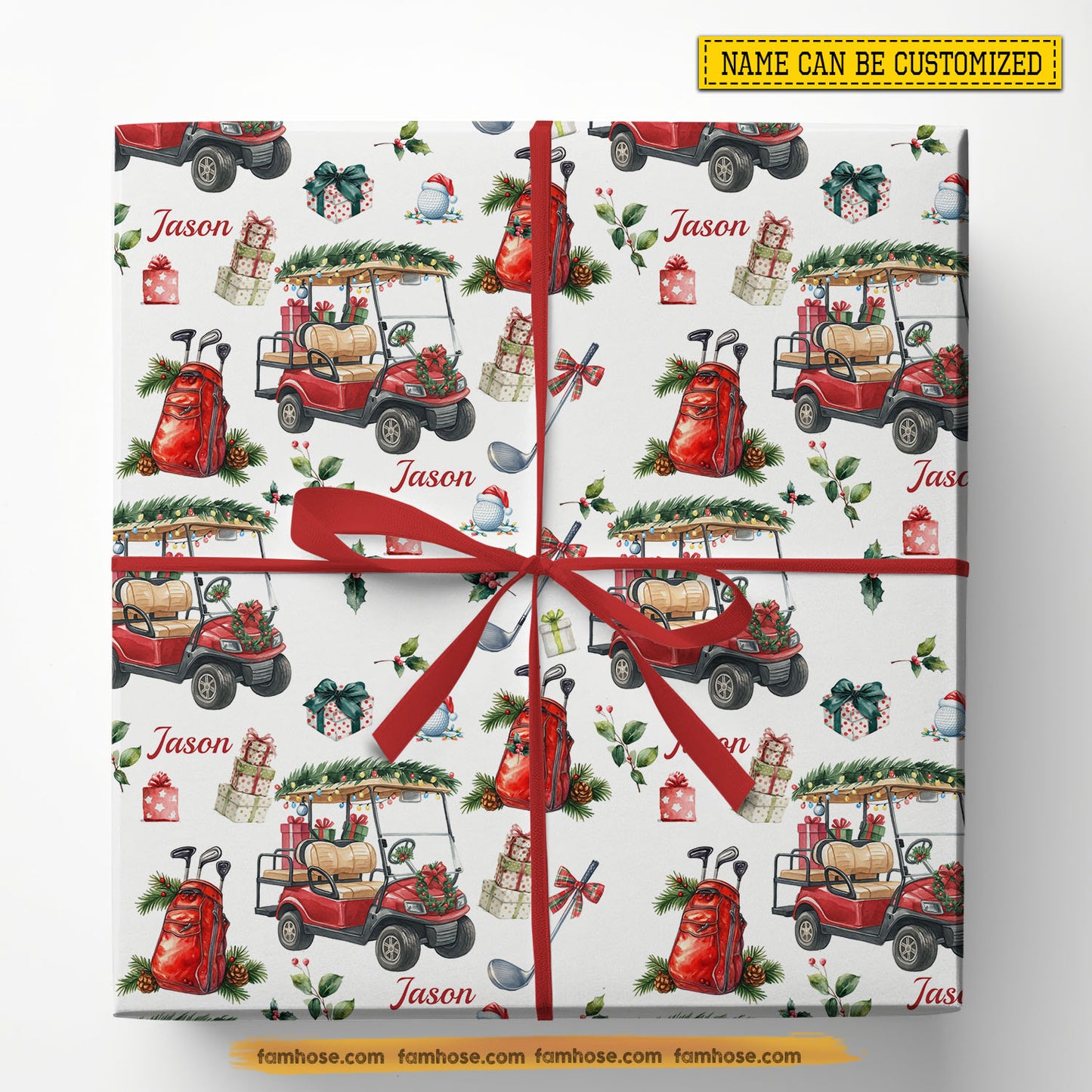 Personalized Christmas Golf Wrapping Paper, Golf Cart In White Background Wrapping Paper Rolls, Xmas Gift Wrap For Golf Lover