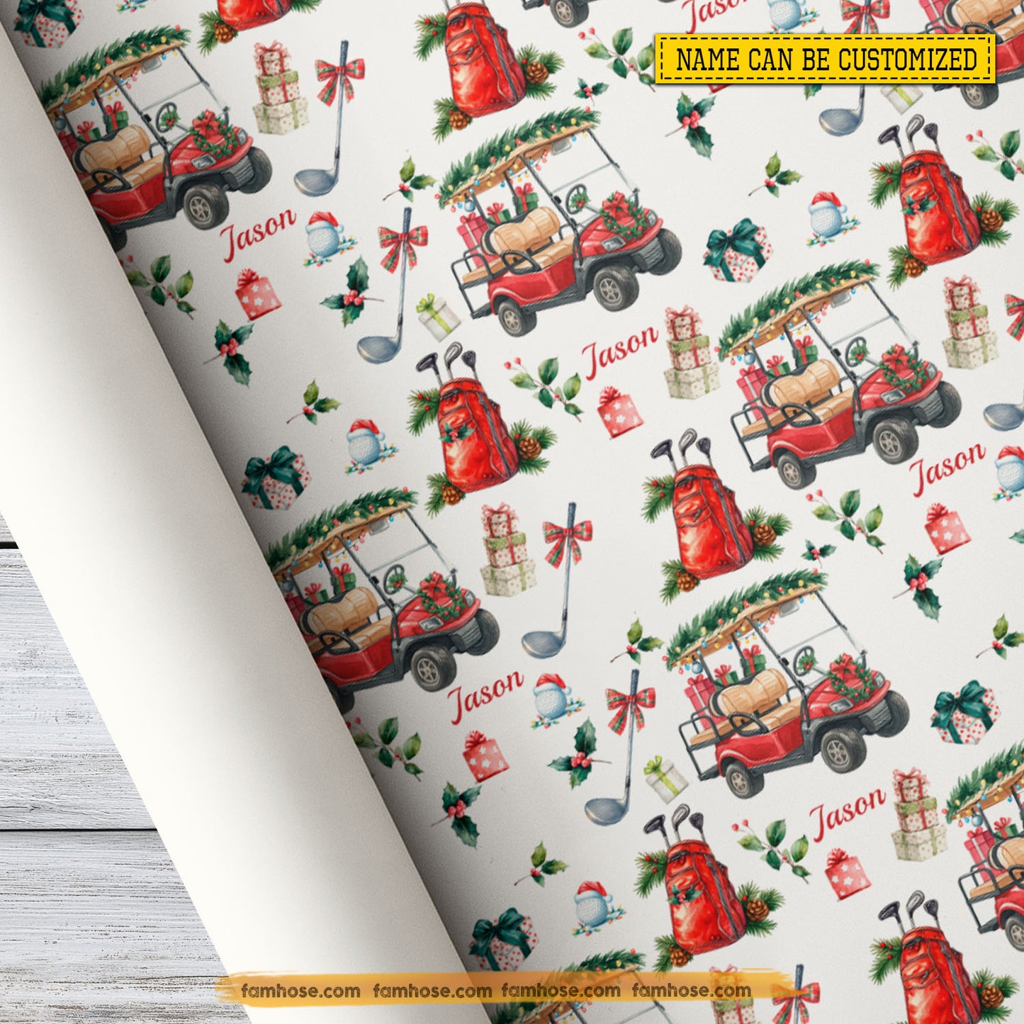 Personalized Christmas Golf Wrapping Paper, Golf Cart In White Background Wrapping Paper Rolls, Xmas Gift Wrap For Golf Lover