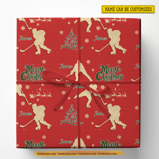 Personalized Christmas Hockey Wrapping Paper, Hockey Poses In Light Red Background Wrapping Paper Rolls, Xmas Gift Wrap For Hockey Lover