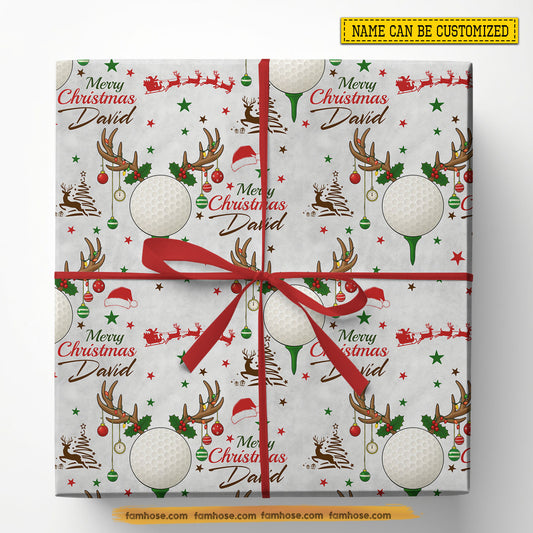 Personalized Christmas Golf Wrapping Paper, Custom Golf In White Background Wrapping Paper Rolls, Xmas Gift Wrap For Golf Lover
