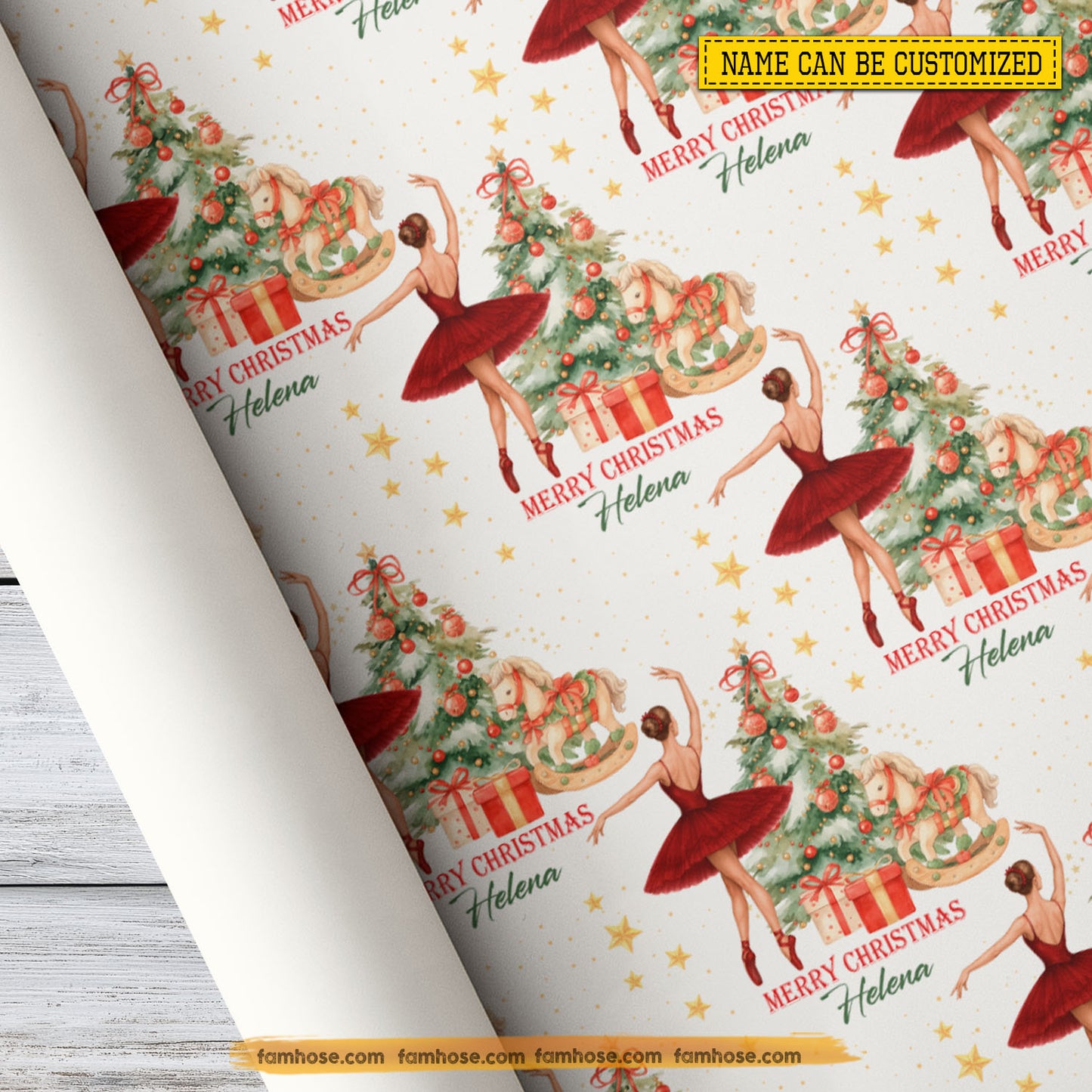 Personalized Christmas Ballet Wrapping Paper, Ballerina Dance In White Background Wrapping Paper Rolls, Xmas Gift Wrap For Ballet Lover