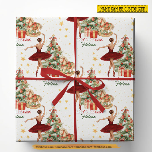 Personalized Christmas Ballet Wrapping Paper, Ballerina Dance In White Background Wrapping Paper Rolls, Xmas Gift Wrap For Ballet Lover