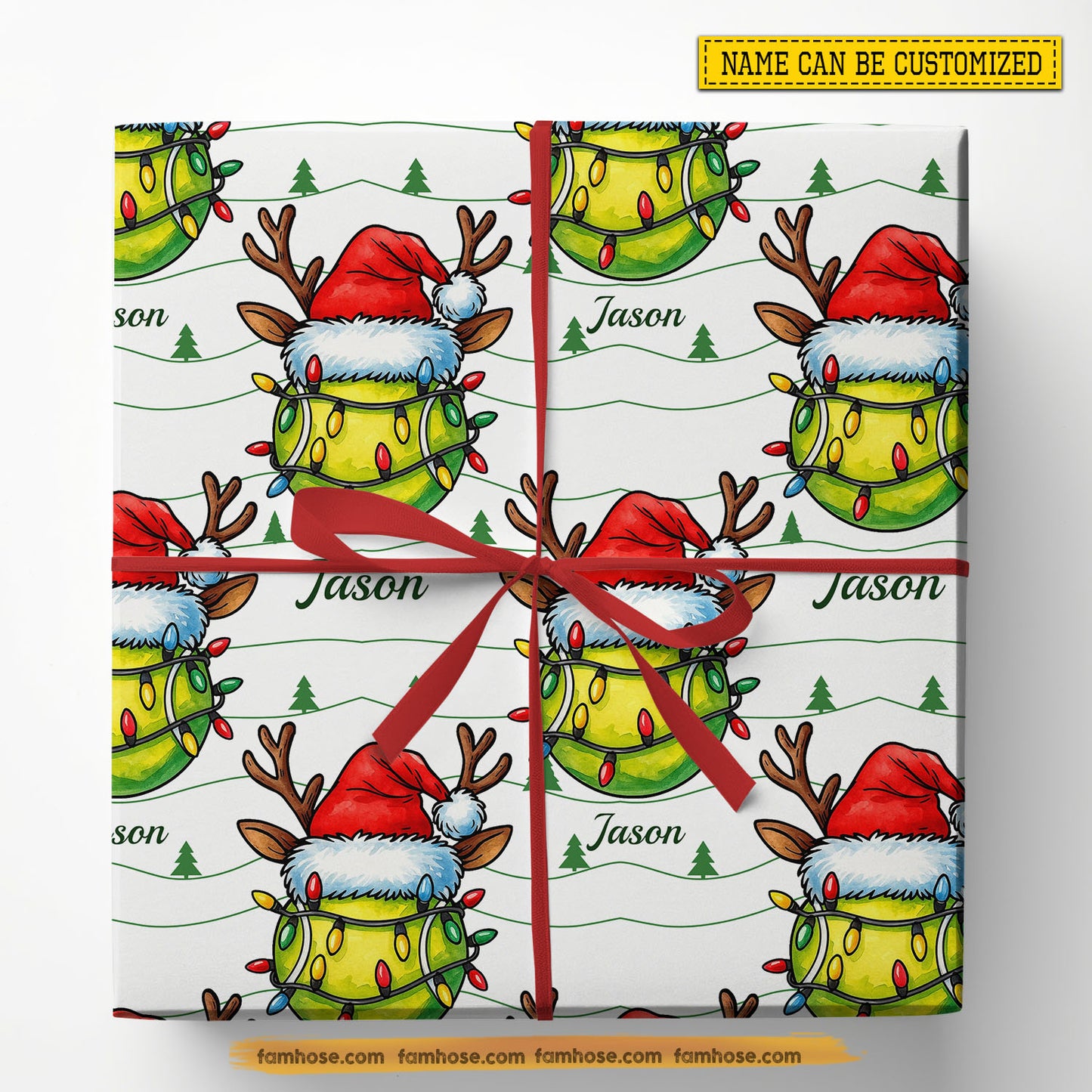 Personalized Christmas Tennis Wrapping Paper, Tennis Ball Wears Santa Hat In Light Green Background Wrapping Paper Rolls, Xmas Gift Wrap For Tennis Lover