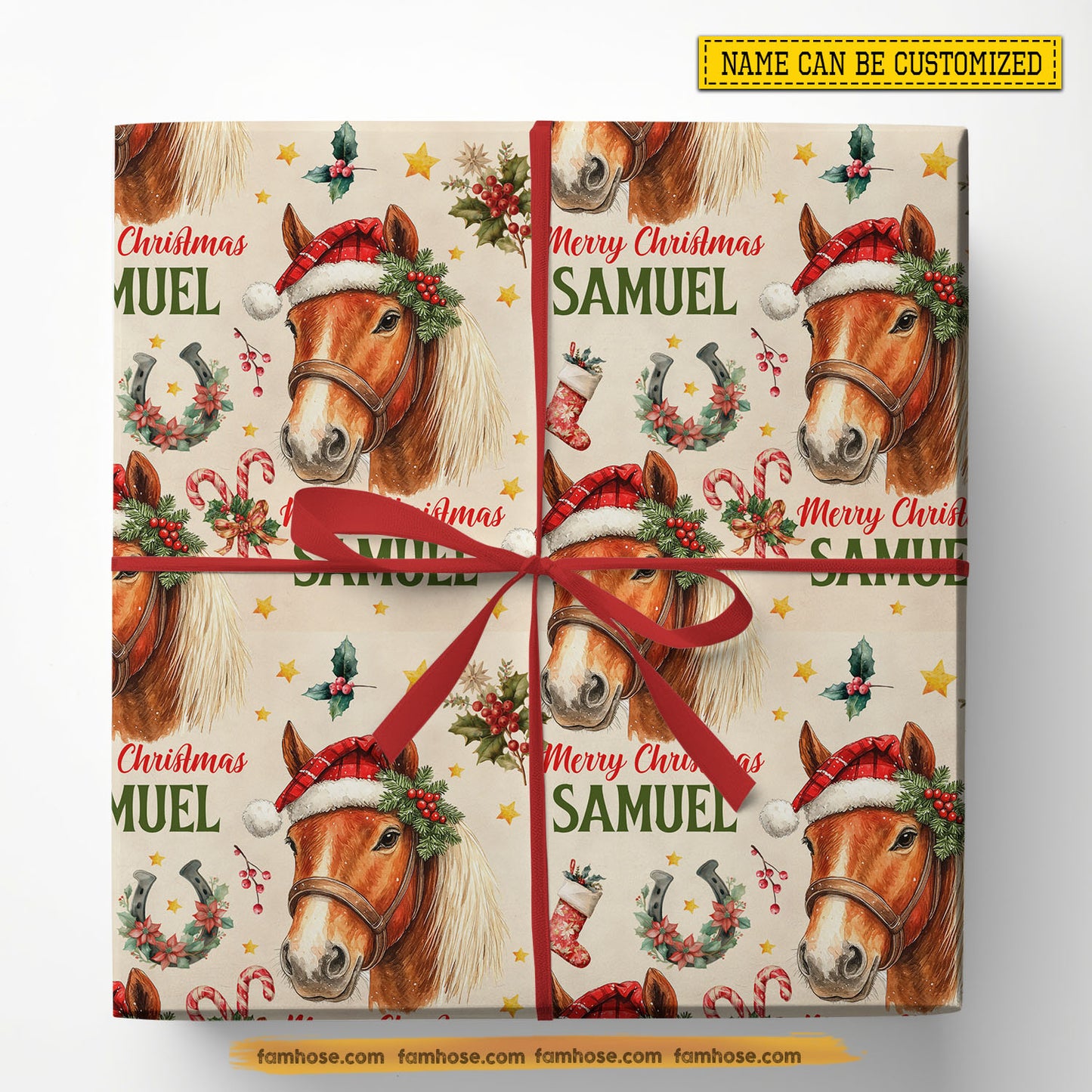 Personalized Christmas Horse Wrapping Paper, Elegant Horse Wears Santa Hat Wrapping Paper Rolls, Xmas Gift Wrap For Horse Lover