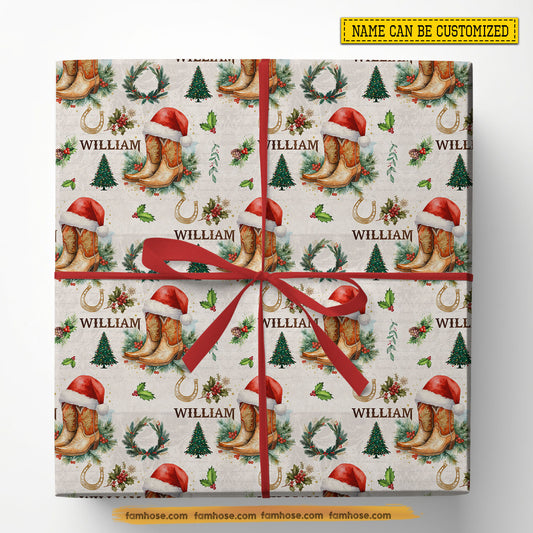 Personalized Christmas Cowboy Wrapping Paper, Cowboy Boots Wrapping Paper Rolls, Xmas Gift Wrap For Cowboy