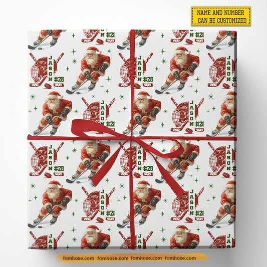 Personalized Christmas Hockey Wrapping Paper, Hockey Santa In White Background Wrapping Paper Rolls, Xmas Gift Wrap For Hockey Lover