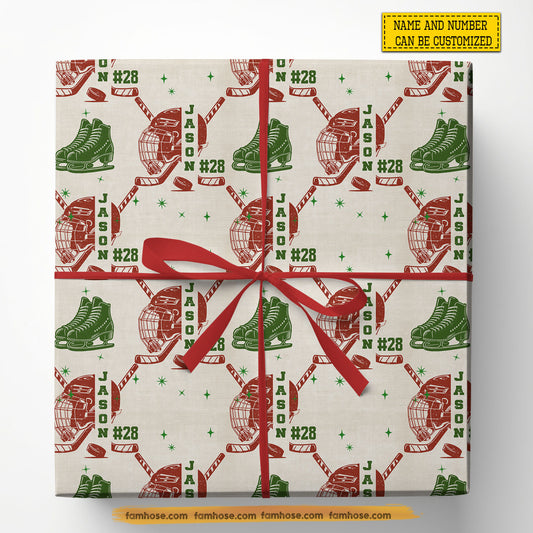 Personalized Christmas Hockey Wrapping Paper, Hockey Helmet Wrapping Paper Rolls, Xmas Gift Wrap For Hockey Lover