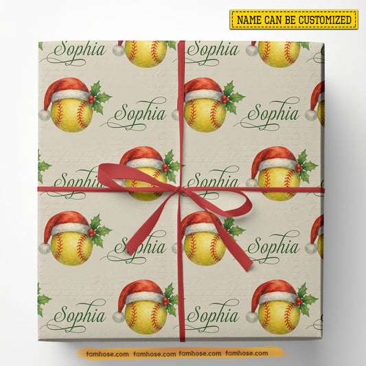 Personalized Christmas Softball Wrapping Paper, Custom Sports Wrapping Paper Rolls, Xmas Gift Wrap For Softball Lover