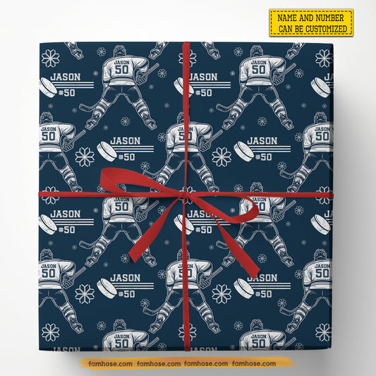 Personalized Christmas Hockey Wrapping Paper, Hockey Player Wrapping Paper Rolls, Xmas Gift Wrap For Hockey Lover